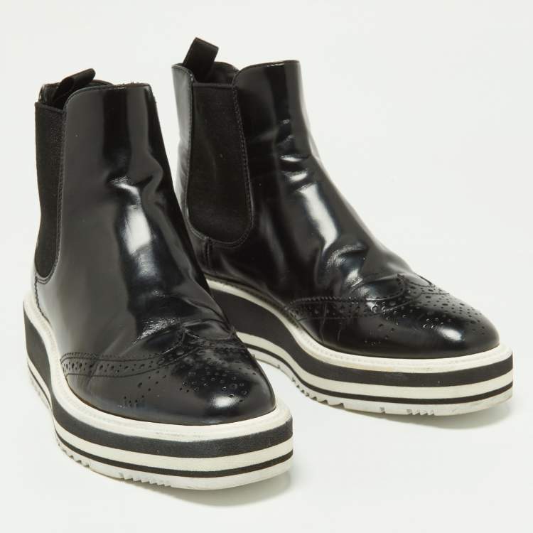 Pre Owned Prada Black Patent Leather Micro Sole Wing Tip Chelsea Boots Size 35