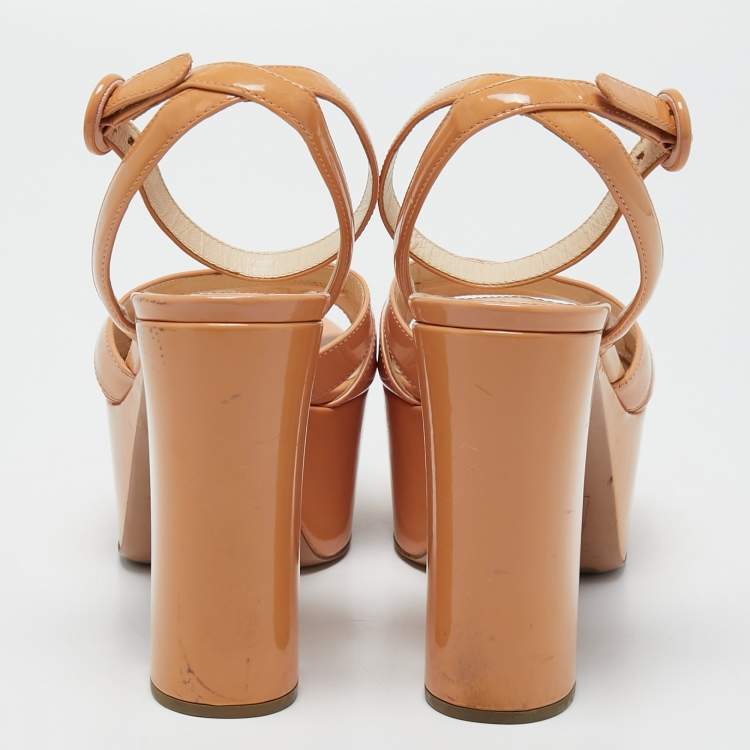 Pre Owned Prada Beige Patent Leather Platform Ankle Strap Sandals Size 39