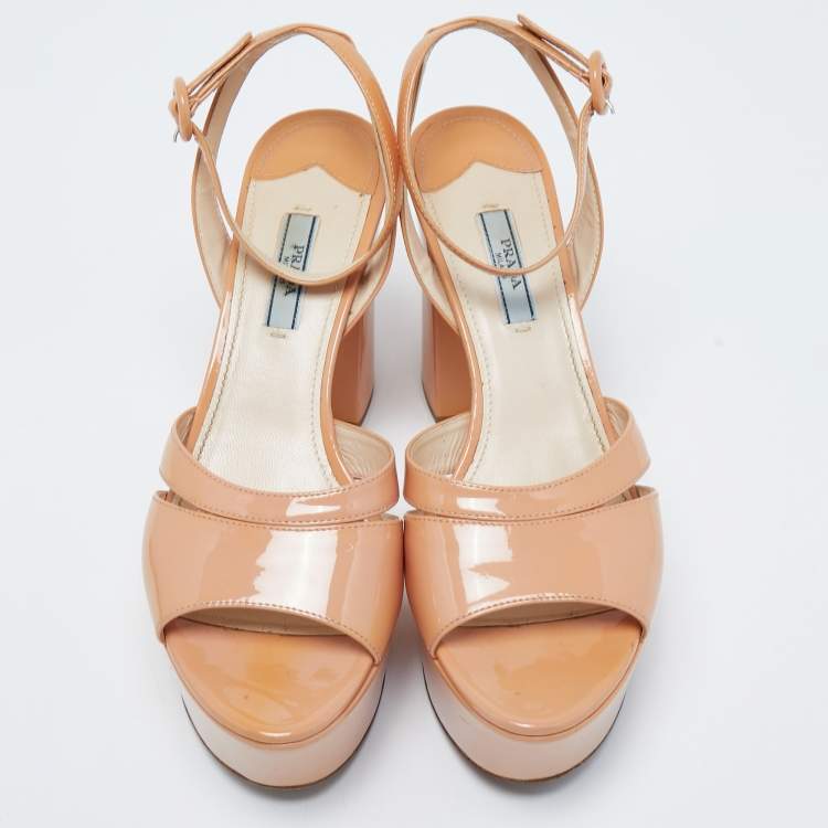 Pre Owned Prada Beige Patent Leather Platform Ankle Strap Sandals Size 39