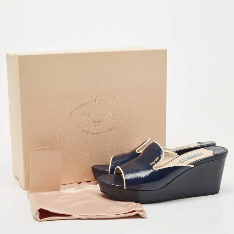Pre Owned Prada Navy Blue Patent Leather Platform Wedge Sandals Size 38