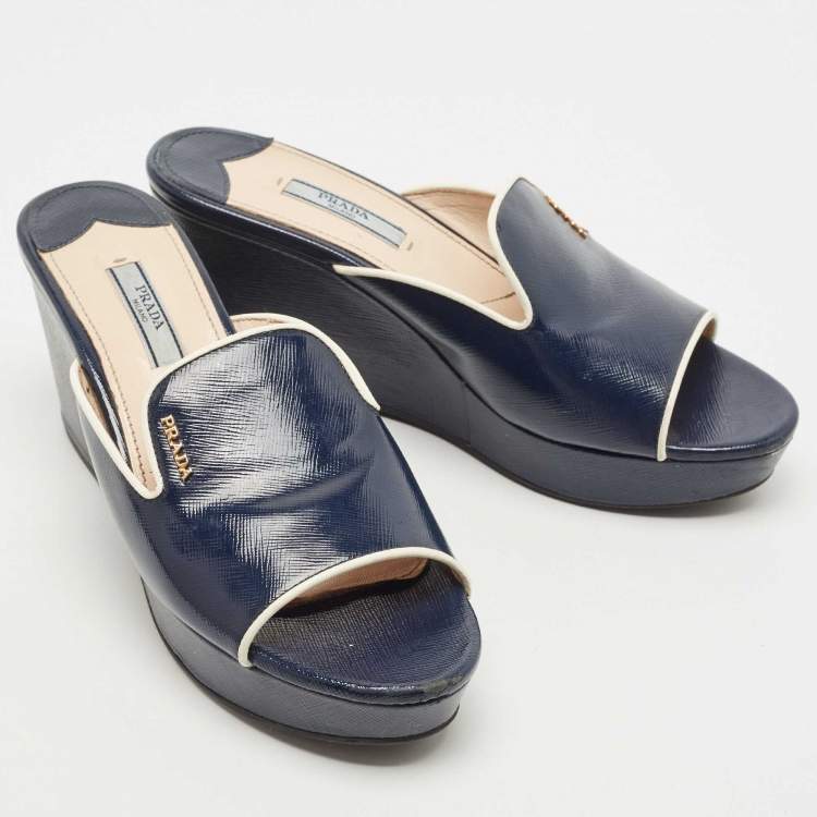 Pre Owned Prada Navy Blue Patent Leather Platform Wedge Sandals Size 38