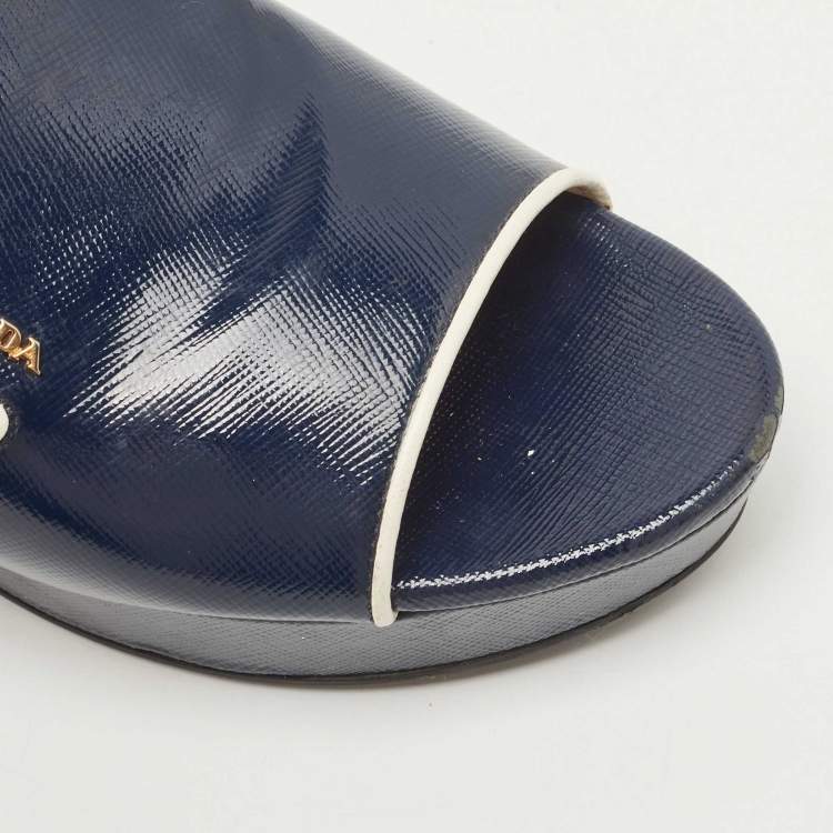 Pre Owned Prada Navy Blue Patent Leather Platform Wedge Sandals Size 38