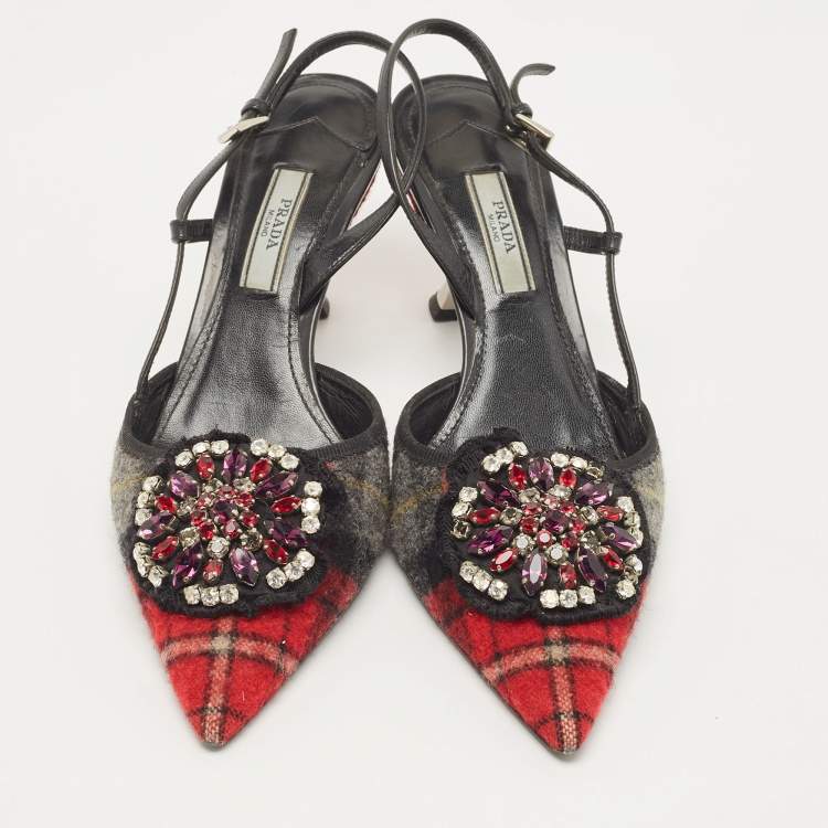 Pre Owned Prada Multicolor Fabric Embellished Slingback Pumps Size 37