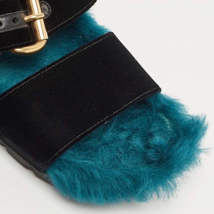 Pre Owned Prada Two Tone Velvet and Fur Flat Slides Size 39.5 