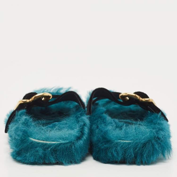 Pre Owned Prada Two Tone Velvet and Fur Flat Slides Size 39.5 
