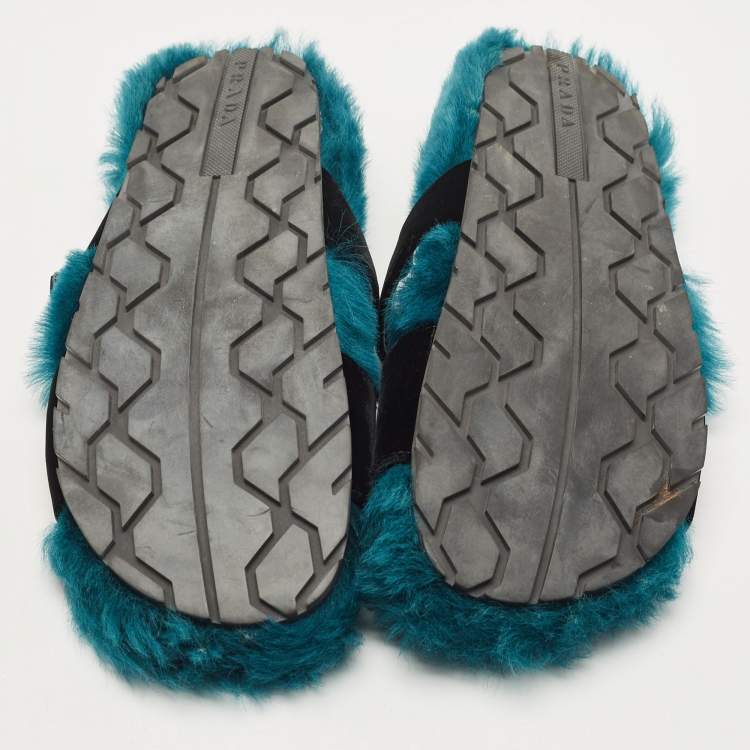 Pre Owned Prada Two Tone Velvet and Fur Flat Slides Size 39.5 