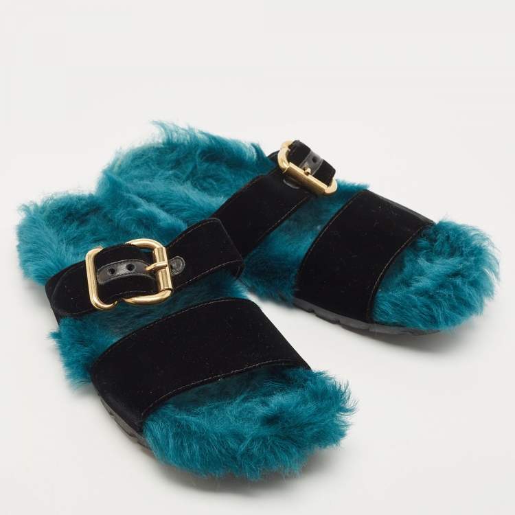 Pre Owned Prada Two Tone Velvet and Fur Flat Slides Size 39.5 