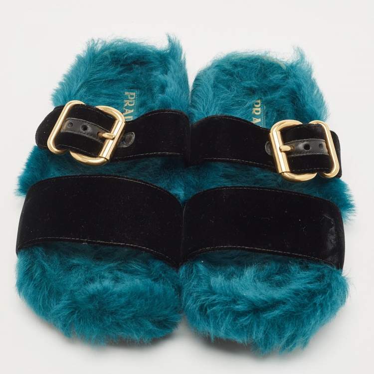 Pre Owned Prada Two Tone Velvet and Fur Flat Slides Size 39.5 