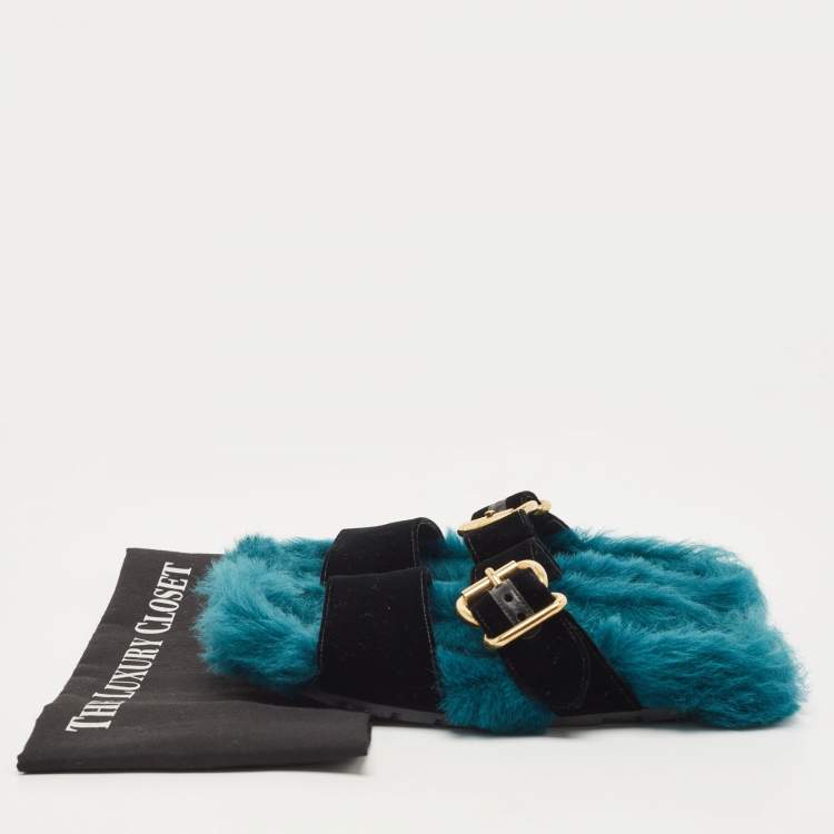 Pre Owned Prada Two Tone Velvet and Fur Flat Slides Size 39.5 