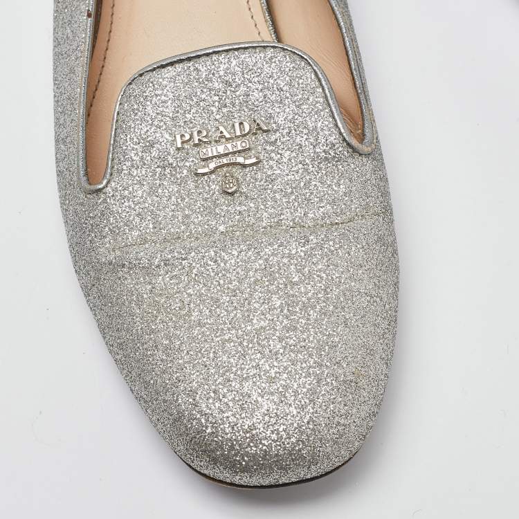 Pre Owned Prada Silver Glitter Logo Smoking Slippers Size 36.5