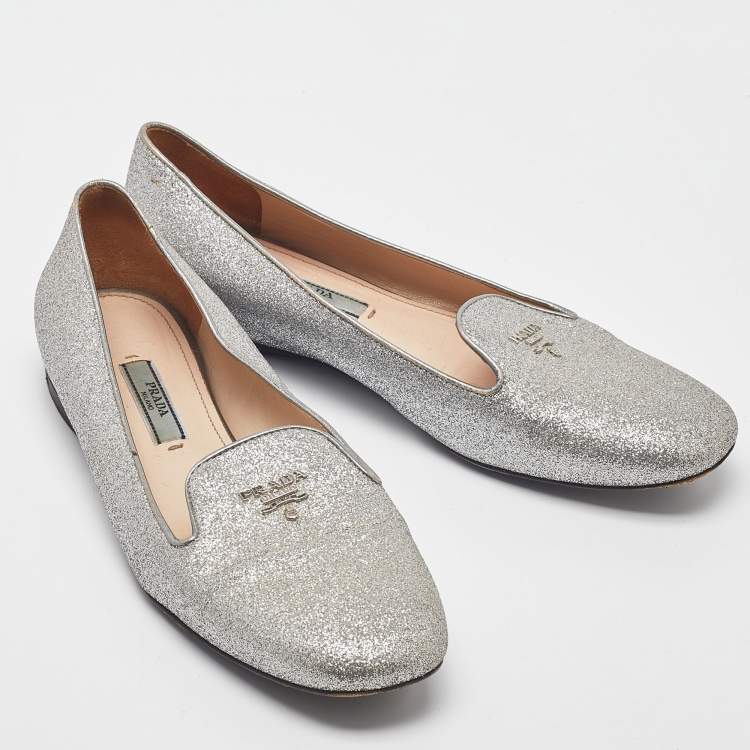 Pre Owned Prada Silver Glitter Logo Smoking Slippers Size 36.5