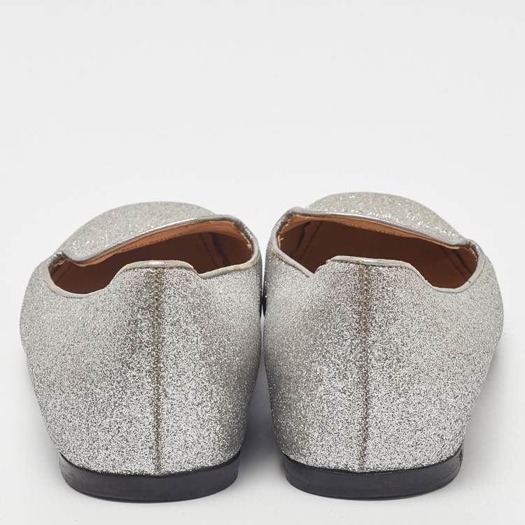 Pre Owned Prada Silver Glitter Logo Smoking Slippers Size 36.5