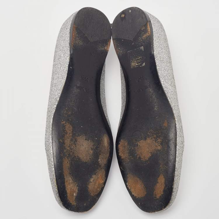 Pre Owned Prada Silver Glitter Logo Smoking Slippers Size 36.5
