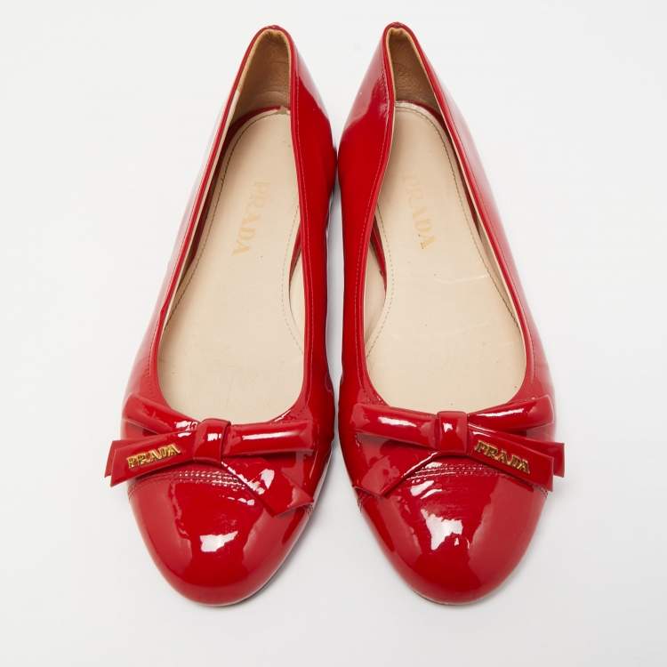 Pre Owned Prada Red Patent Leather Bow Ballet Flats Size 38
