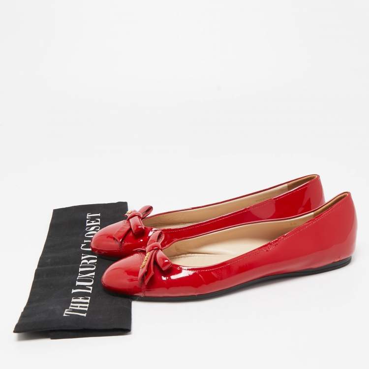 Pre Owned Prada Red Patent Leather Bow Ballet Flats Size 38