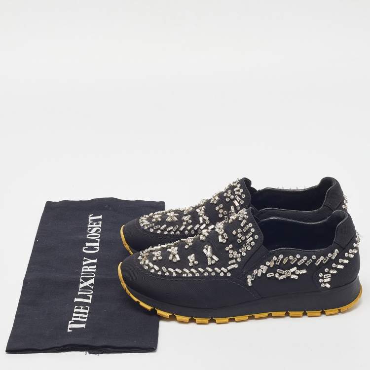 Pre Owned Prada Black Nylon Crystal Embellished Slip On Sneakers Size 37