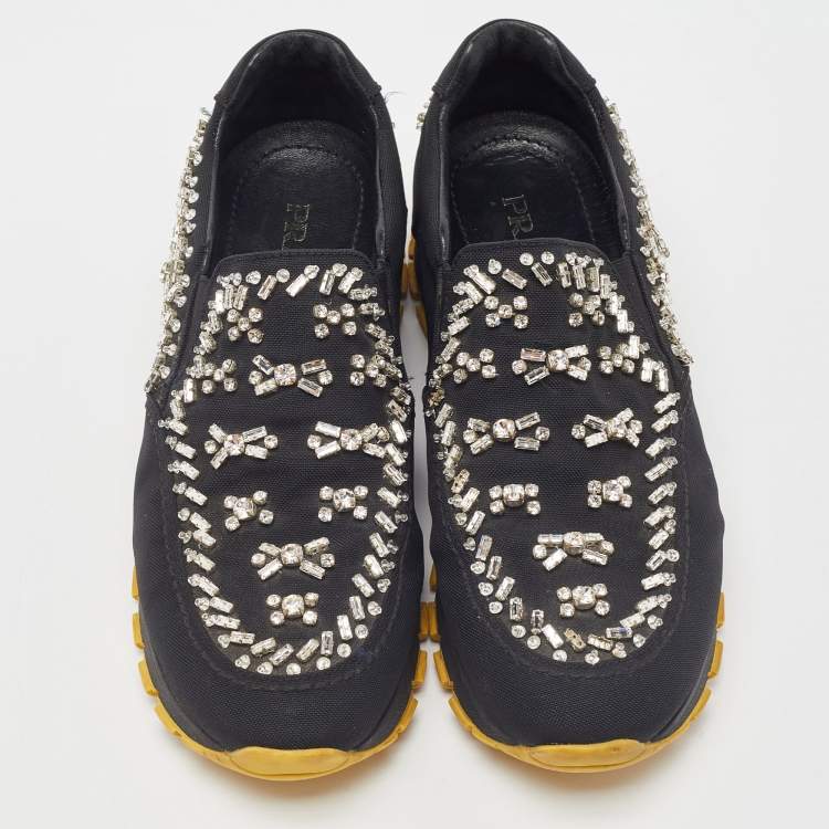 Pre Owned Prada Black Nylon Crystal Embellished Slip On Sneakers Size 37