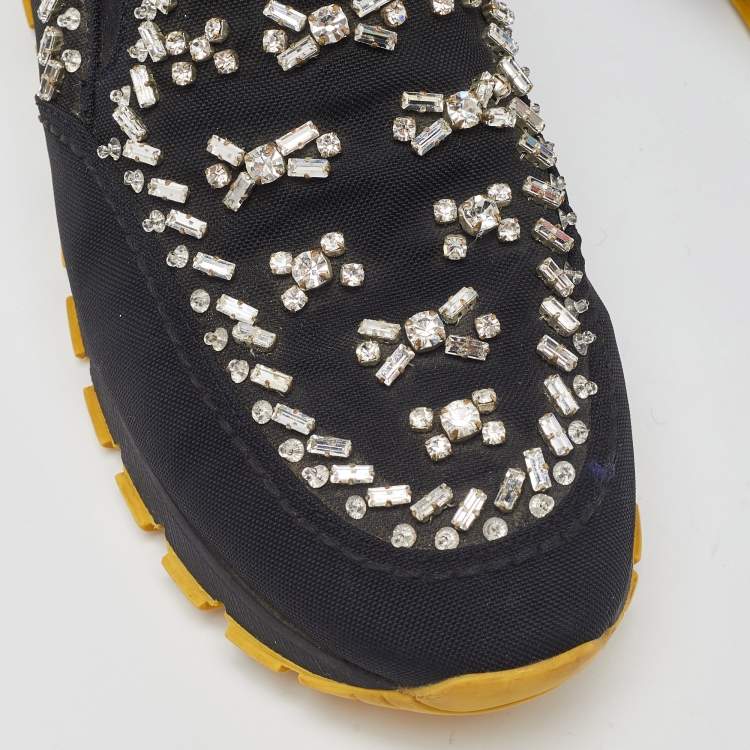 Pre Owned Prada Black Nylon Crystal Embellished Slip On Sneakers Size 37