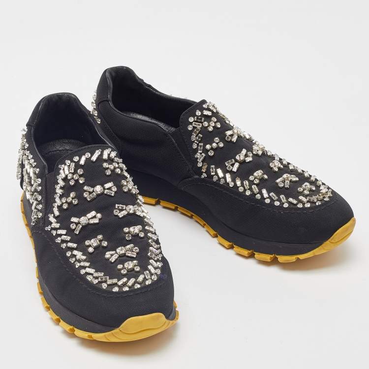 Pre Owned Prada Black Nylon Crystal Embellished Slip On Sneakers Size 37