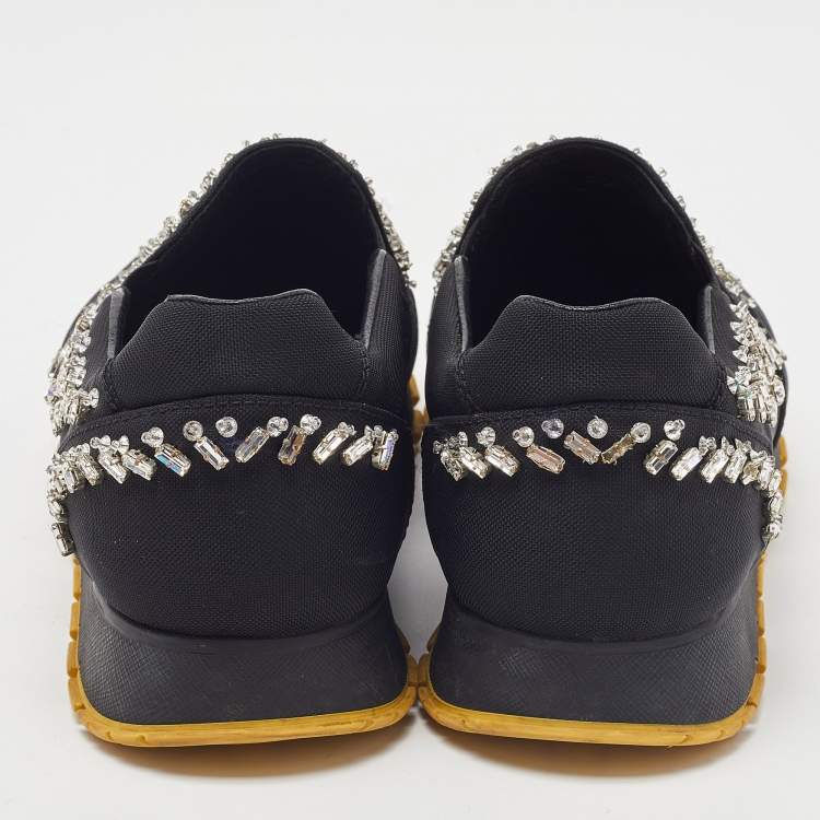 Pre Owned Prada Black Nylon Crystal Embellished Slip On Sneakers Size 37