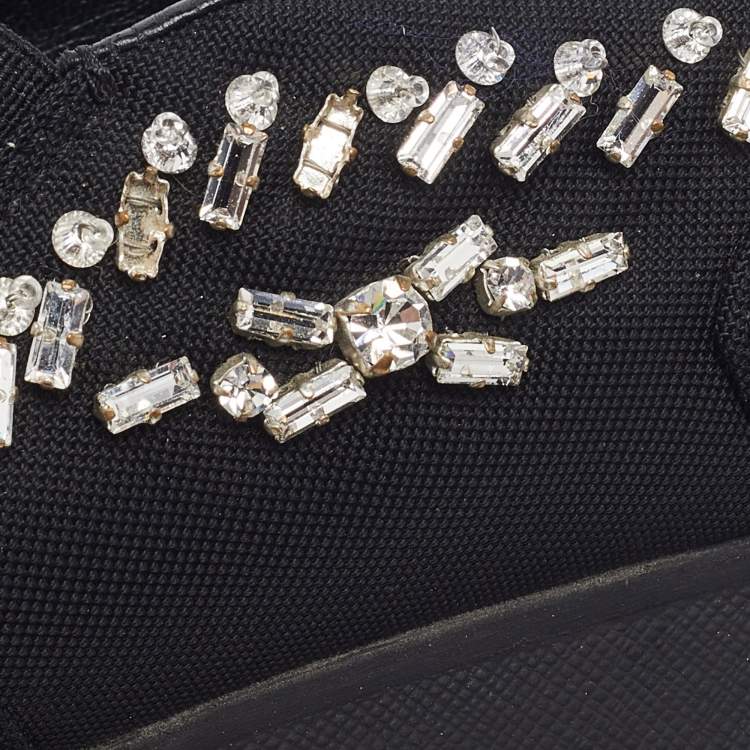 Pre Owned Prada Black Nylon Crystal Embellished Slip On Sneakers Size 37