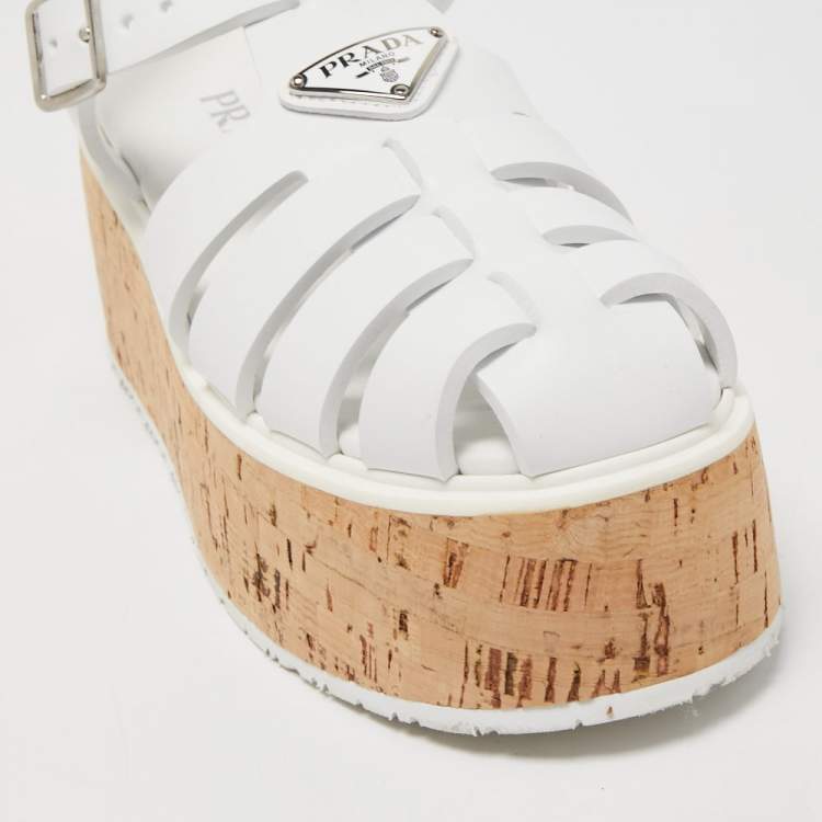 Pre Owned Prada White Rubber Monolith Cork Platform Ankle Strap Size 39