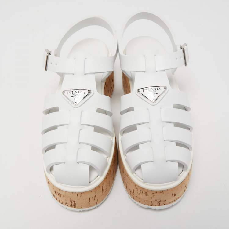 Pre Owned Prada White Rubber Monolith Cork Platform Ankle Strap Size 39