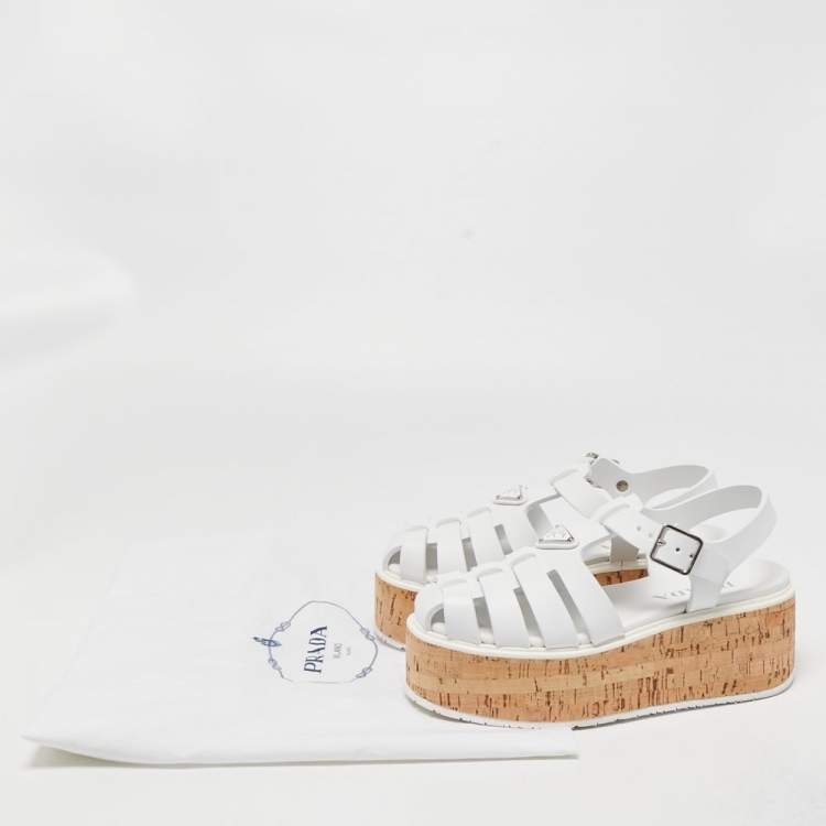 Pre Owned Prada White Rubber Monolith Cork Platform Ankle Strap Size 39