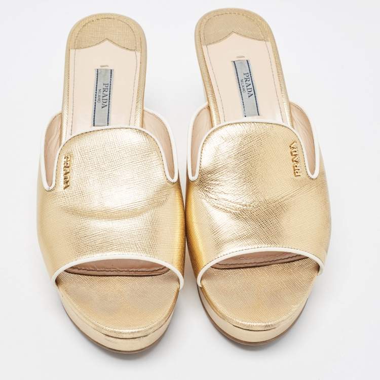 Pre Owned Prada Gold Patent Leather Wedge Platform Slide Sandals Size 39.5