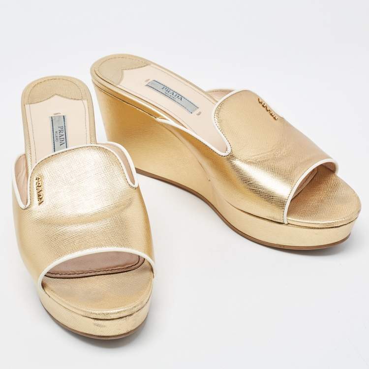 Pre Owned Prada Gold Patent Leather Wedge Platform Slide Sandals Size 39.5