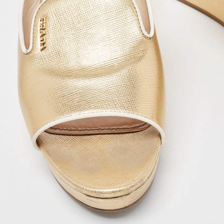 Pre Owned Prada Gold Patent Leather Wedge Platform Slide Sandals Size 39.5