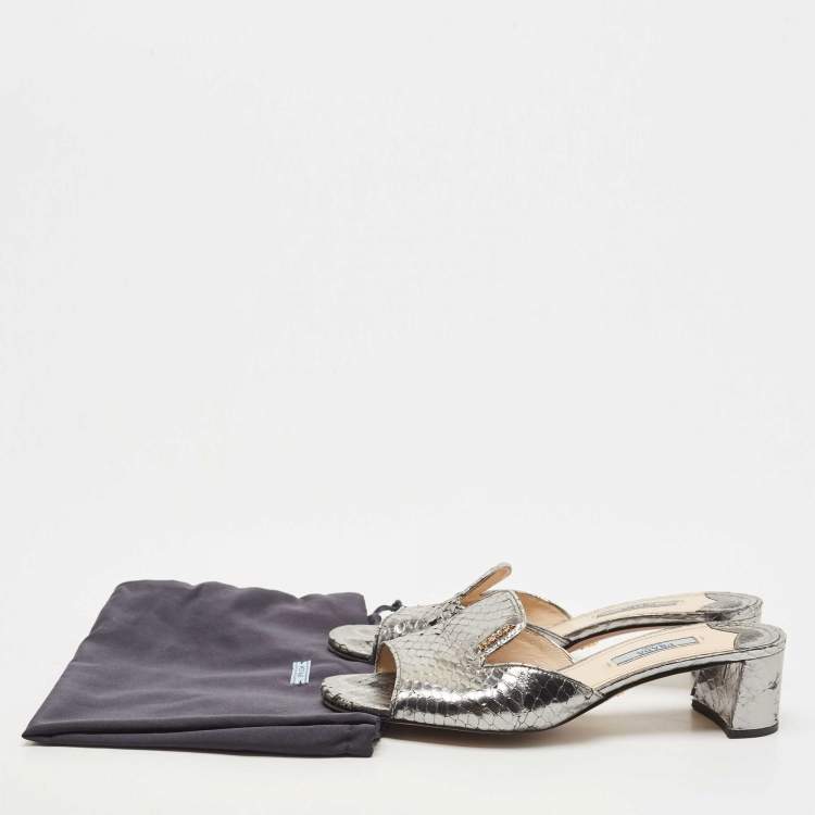 Pre Owned Prada Metallic Grey Python Embossed Leather Slide Sandals Size 37