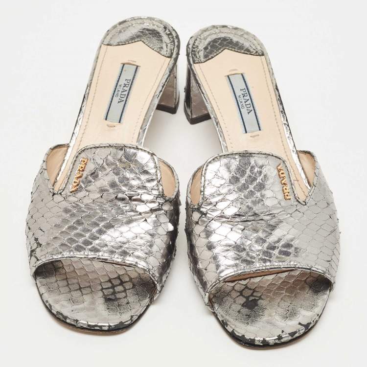 Pre Owned Prada Metallic Grey Python Embossed Leather Slide Sandals Size 37