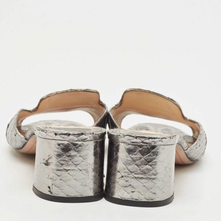 Pre Owned Prada Metallic Grey Python Embossed Leather Slide Sandals Size 37