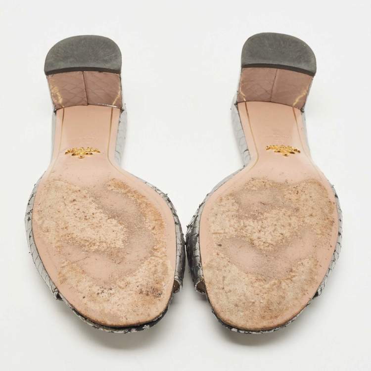Pre Owned Prada Metallic Grey Python Embossed Leather Slide Sandals Size 37