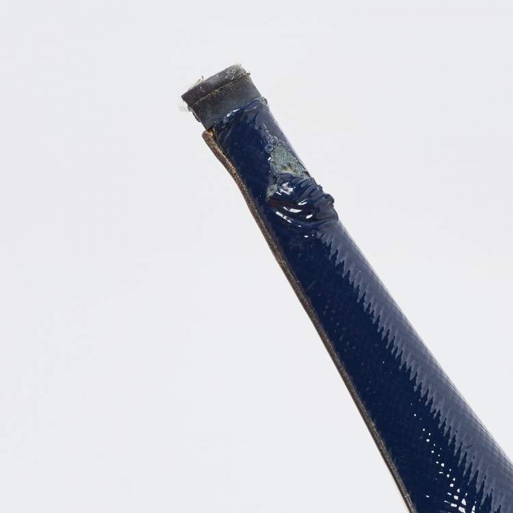 Pre Owned Prada Navy Blue Patent Leather Peep Toe Pumps  Size 38