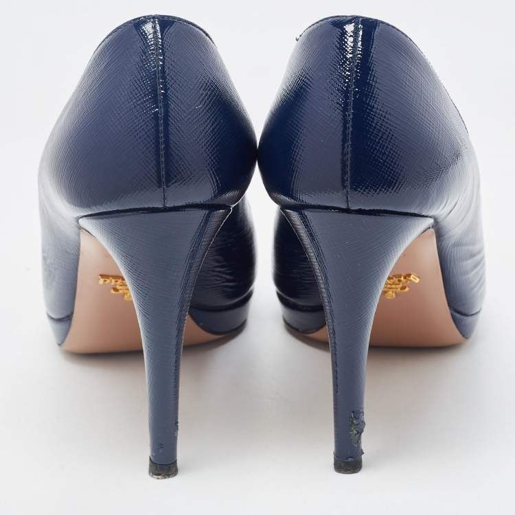 Pre Owned Prada Navy Blue Patent Leather Peep Toe Pumps  Size 38