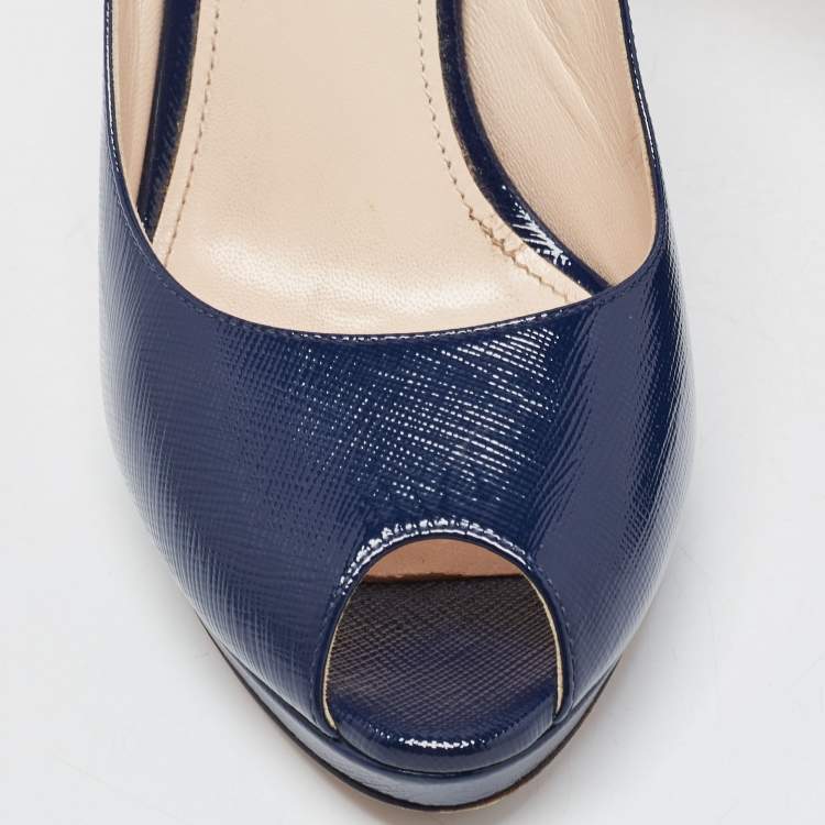 Pre Owned Prada Navy Blue Patent Leather Peep Toe Pumps  Size 38