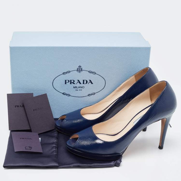 Pre Owned Prada Navy Blue Patent Leather Peep Toe Pumps  Size 38