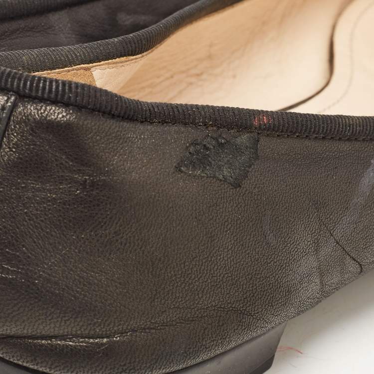 Pre Owned Prada Black Leather and Patent Cap Toe Bow Ballet Flats Size 40.5 