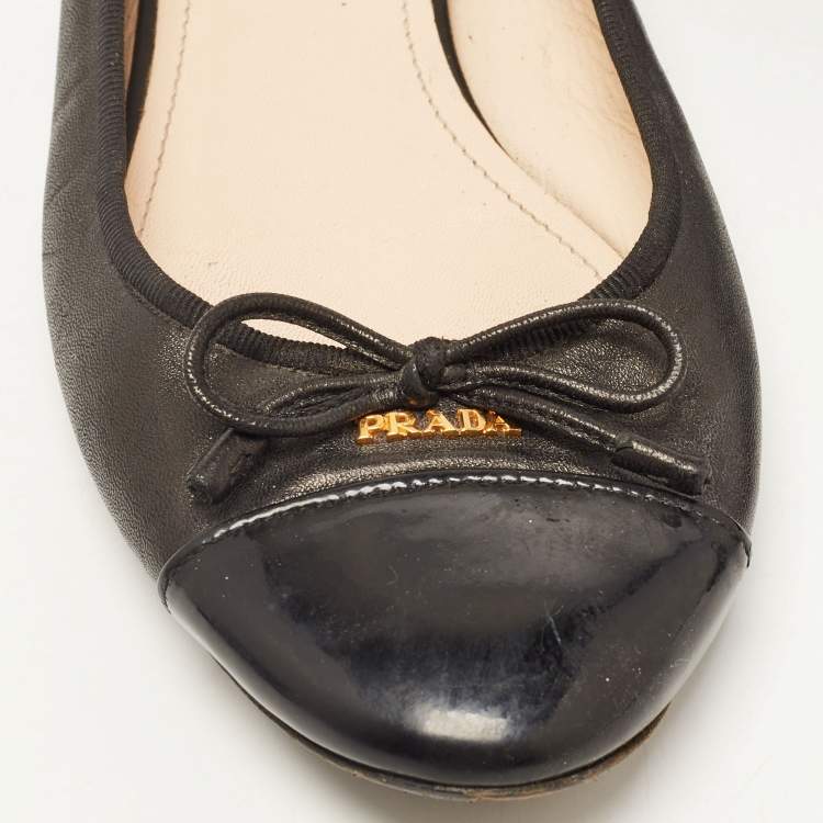 Pre Owned Prada Black Leather and Patent Cap Toe Bow Ballet Flats Size 40.5 