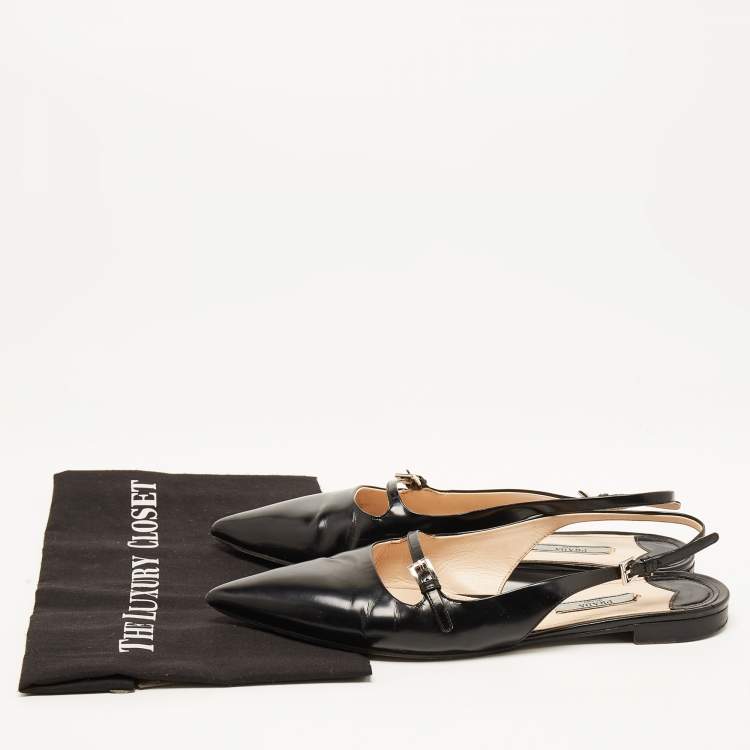 Pre Owned Prada Black Leather Buckle Slingback Flat Sandals Size 39.5