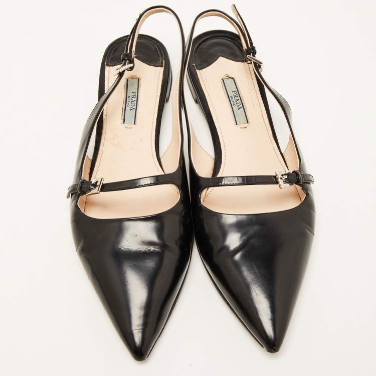 Pre Owned Prada Black Leather Buckle Slingback Flat Sandals Size 39.5