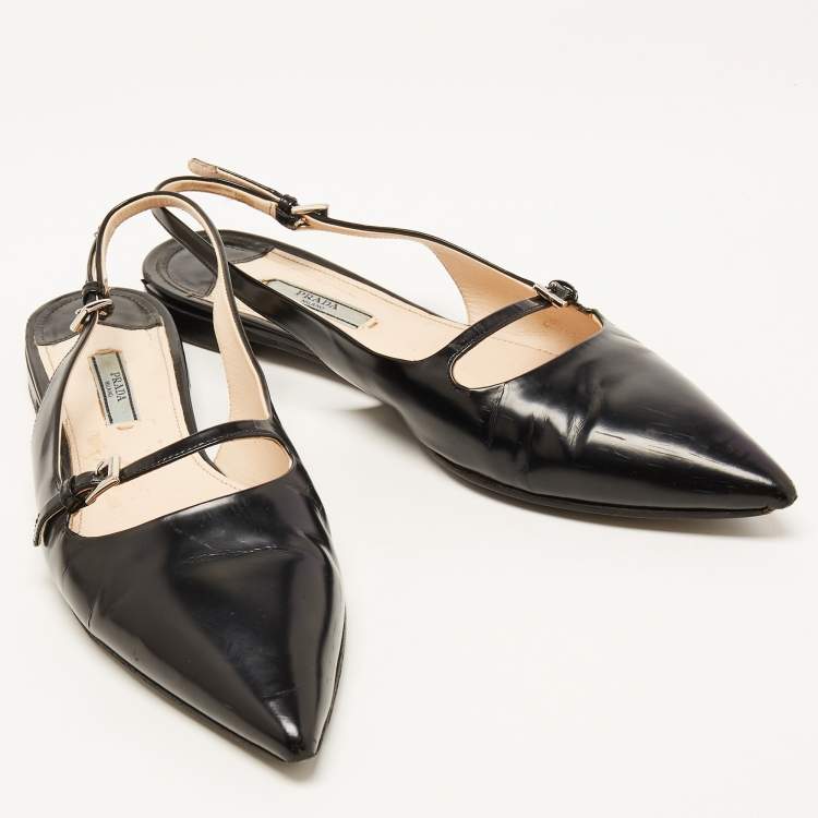 Pre Owned Prada Black Leather Buckle Slingback Flat Sandals Size 39.5