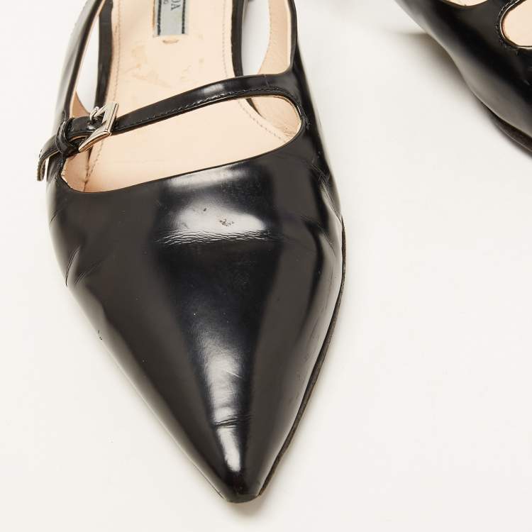 Pre Owned Prada Black Leather Buckle Slingback Flat Sandals Size 39.5