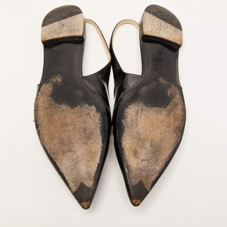 Pre Owned Prada Black Leather Buckle Slingback Flat Sandals Size 39.5