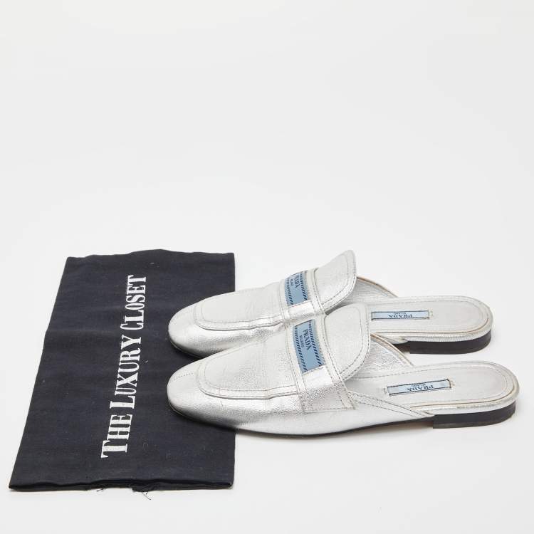 Pre Owned Prada Silver Leather Flat Mules Size 37.5