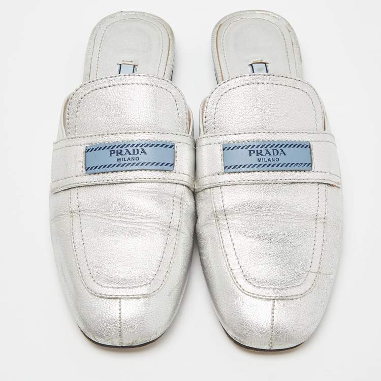 Pre Owned Prada Silver Leather Flat Mules Size 37.5