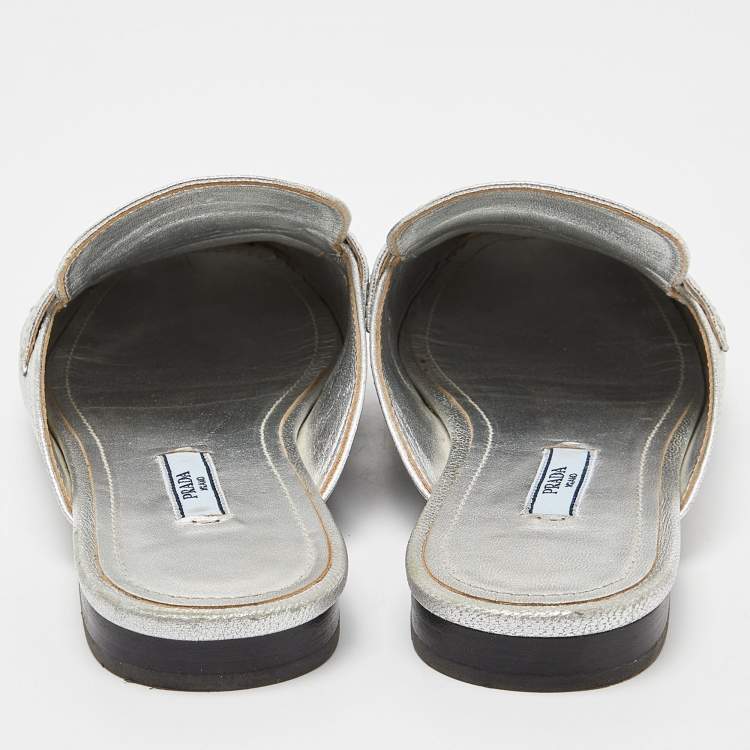 Pre Owned Prada Silver Leather Flat Mules Size 37.5