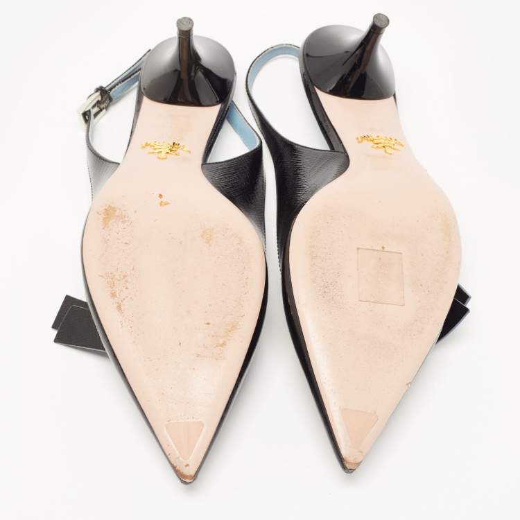 Pre Owned Prada Black Patent Leather Bow Slingback Pumps Size 36.5